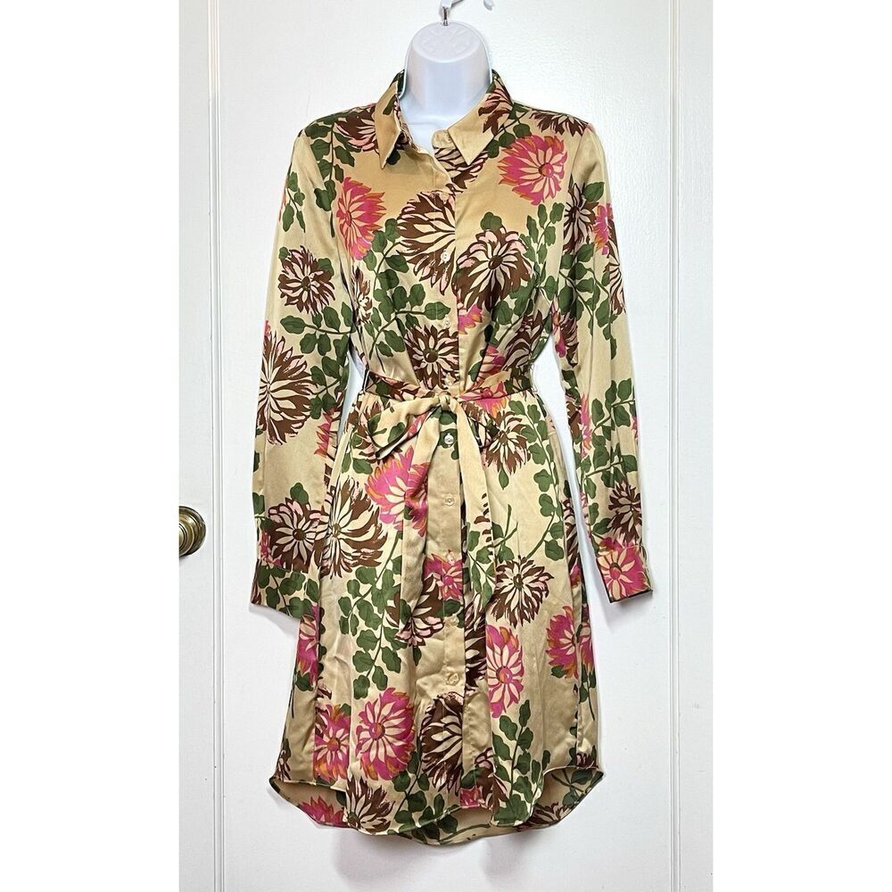 Flora Bea Shirt Dress Natalie Gold Green Pink Floral Satin Women’s Size S